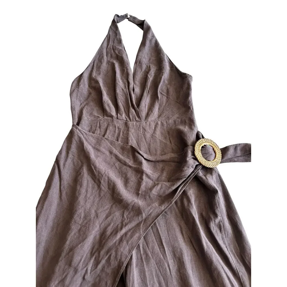 ZARA BROWN LINEN-LIKE JUMPSUIT NWT SIZE LARGE- FLAW